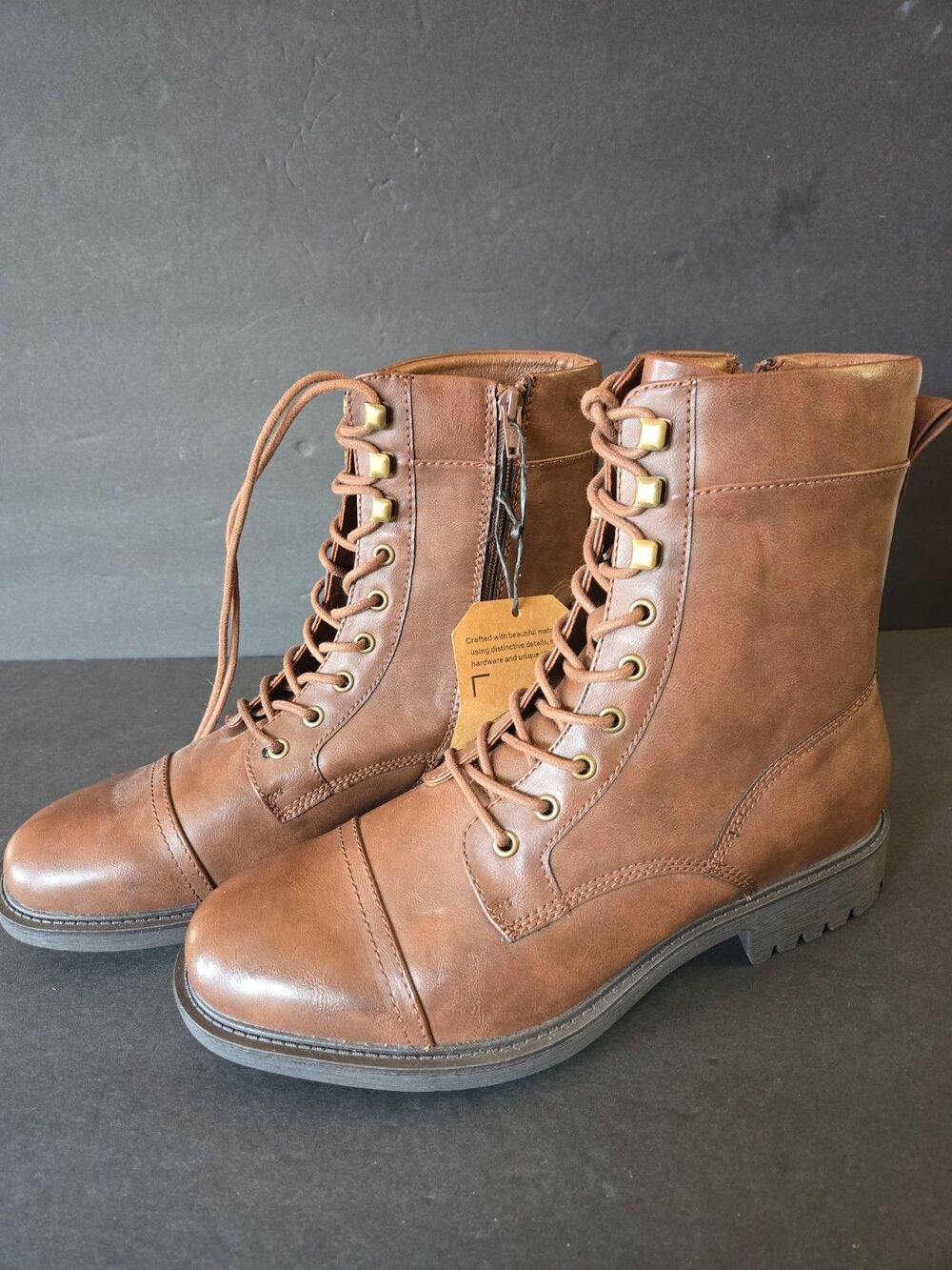 Frye & Co Mens Kane Combat Ankle Boots 10.5M Faux Leather Brown Lace Up Side Zip